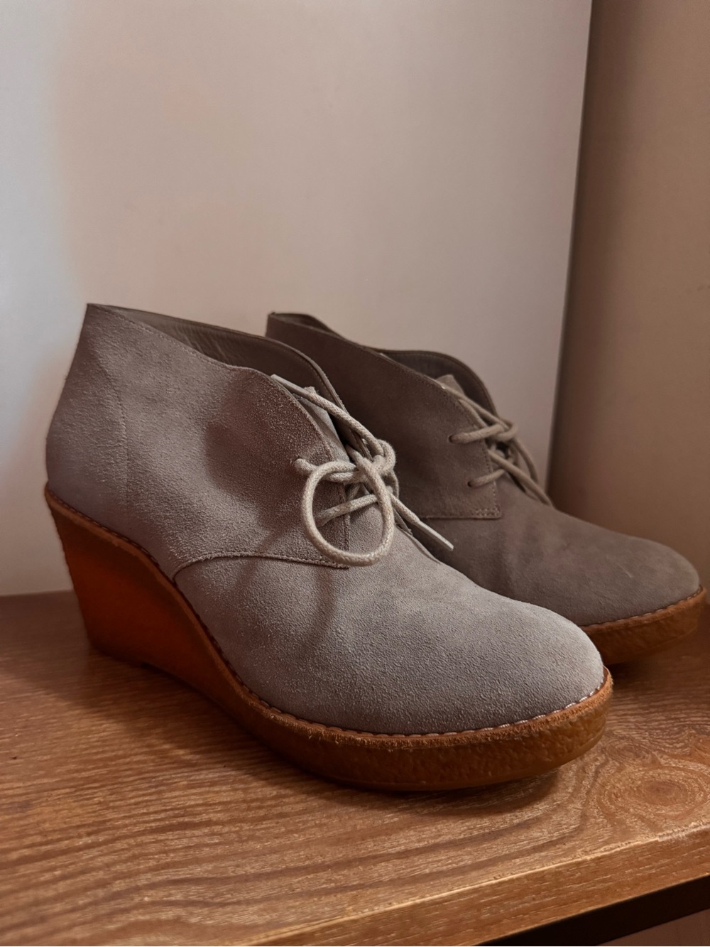 COLE HAAN Wedge Desert Booties in Light Gray - Suede Lace-Up Women’s Shoes